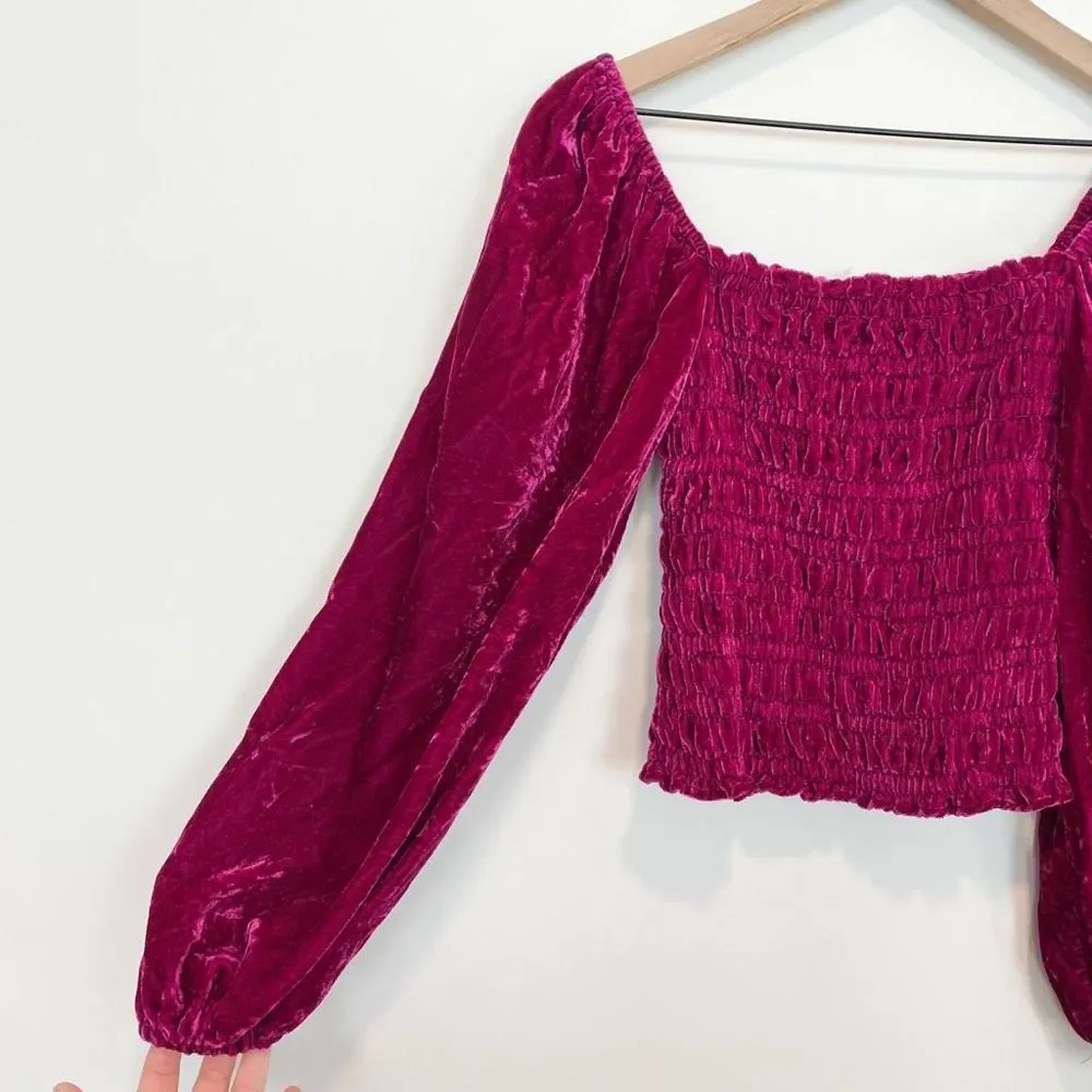 Anthropologie Magenta Pink Rose Smocked Velvet Puff Sleeve Peasant Blouse Ruffle - Picture 6 of 8